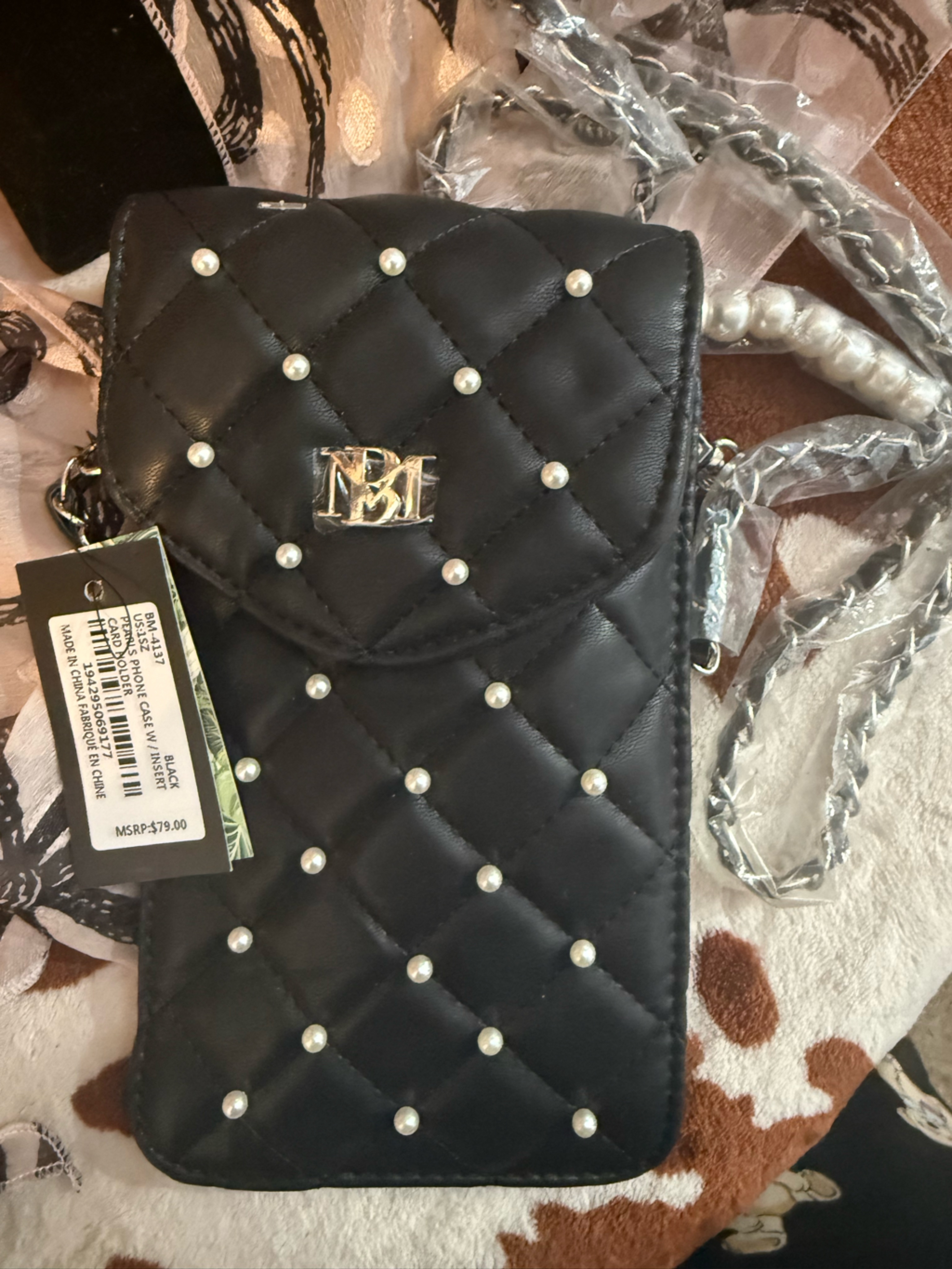 Badgley Mischka Black Quilted Pearl-Stud Crossbody